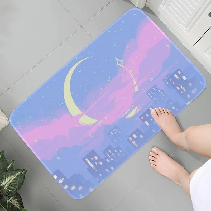 

Room Bathroom Carpet Anti-slip Flannel Living Rug Indoor Mats Art Anime Pink Moon Landscape Parlor Mat Lounge Rug Area Rugs 1