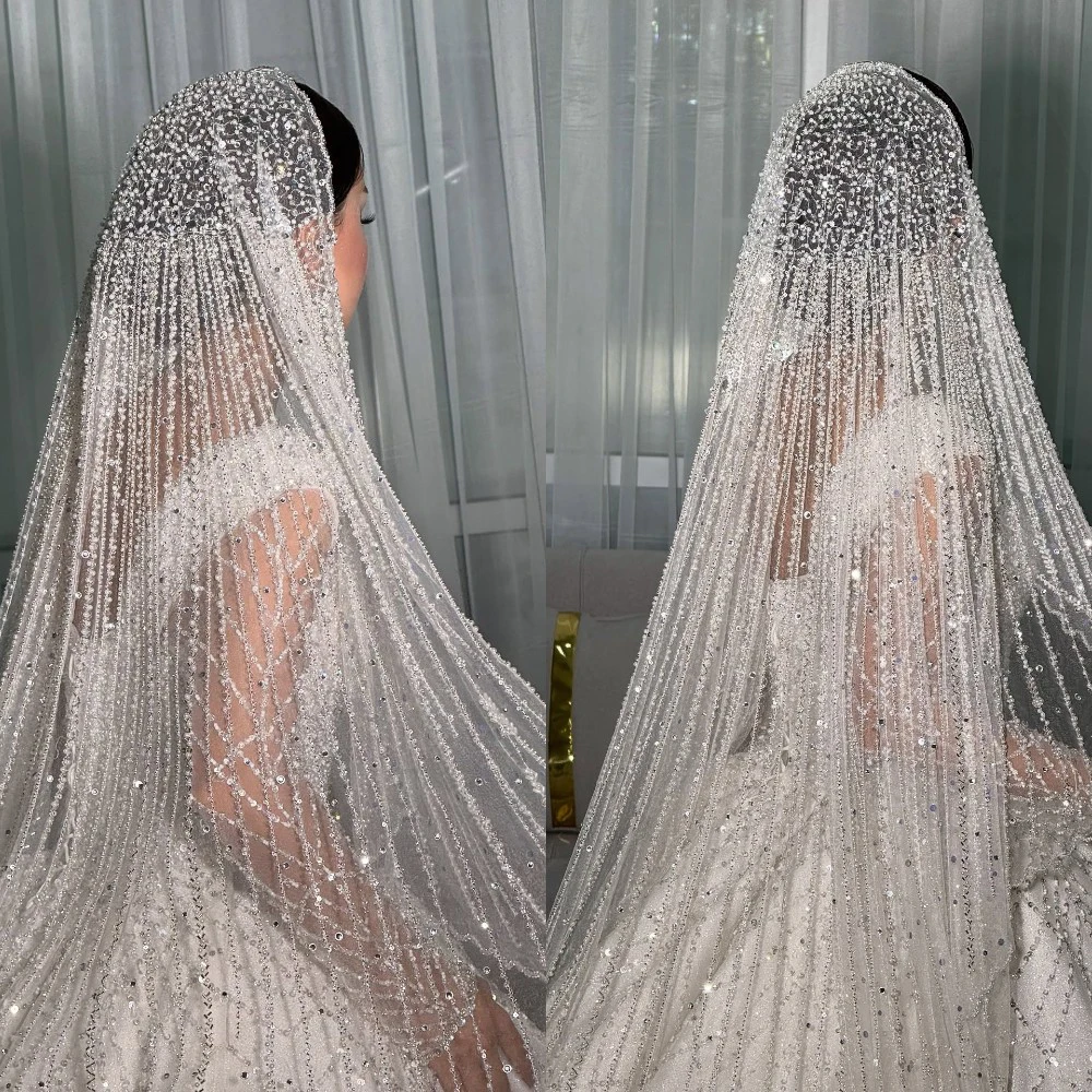 Фото Изящная свадебная фата, бусины, расшитое блестками кружево, один слой для невесты Complementos De Boda Velo De Novia, свадебные аксессуары на заказ №1