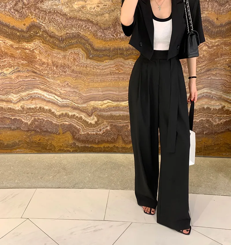 

Корейский Шикарный ретро-костюм с отворотом и пряжкой в стиле мечты + повседневные женские брюки с высокой талией на шнуровке