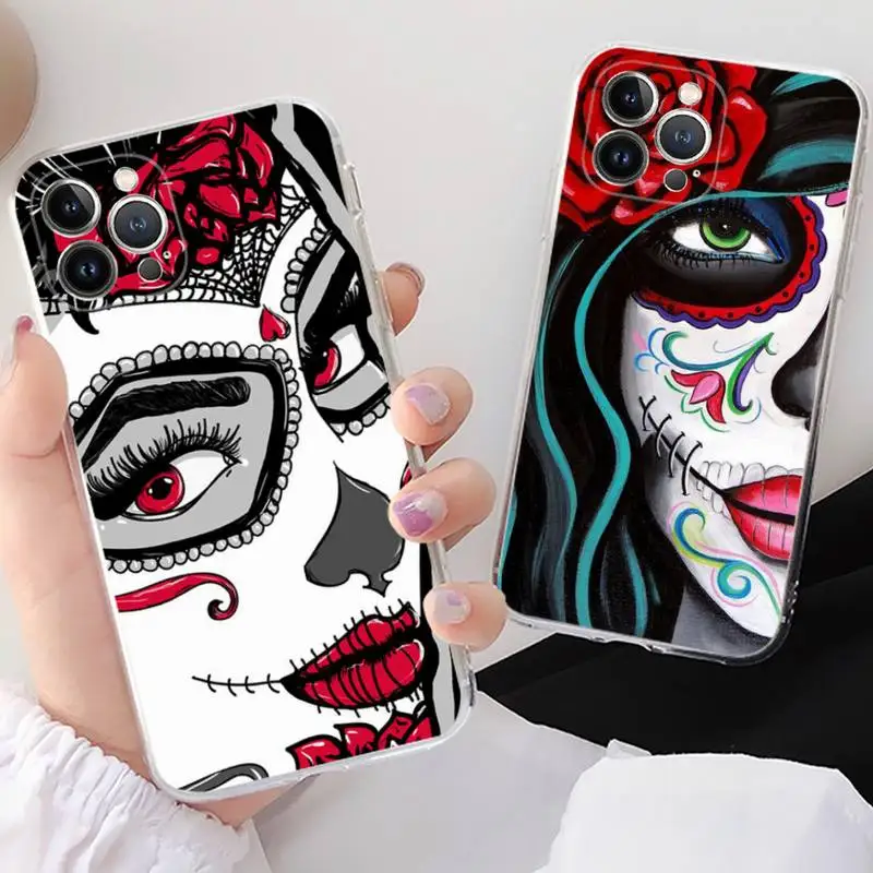 

Mexican Catrina Skull Girl Phone Case For iPhone XR X XS Max 14 13 Pro Max 11 12 Mini 6 7 8 plus SE 2020 Printing Cover