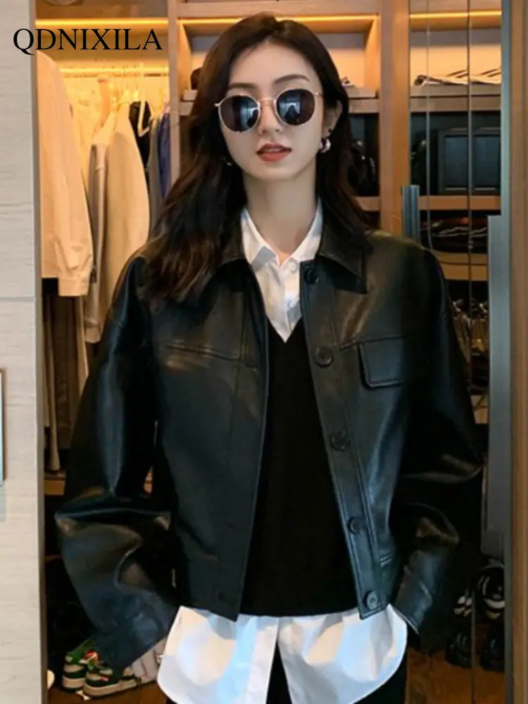 Women's Leather Jacket 2023 Spring Jacket Women New Outerwear Short PU Leather Jacket Korean Fashion Vintage Style Female Jacket