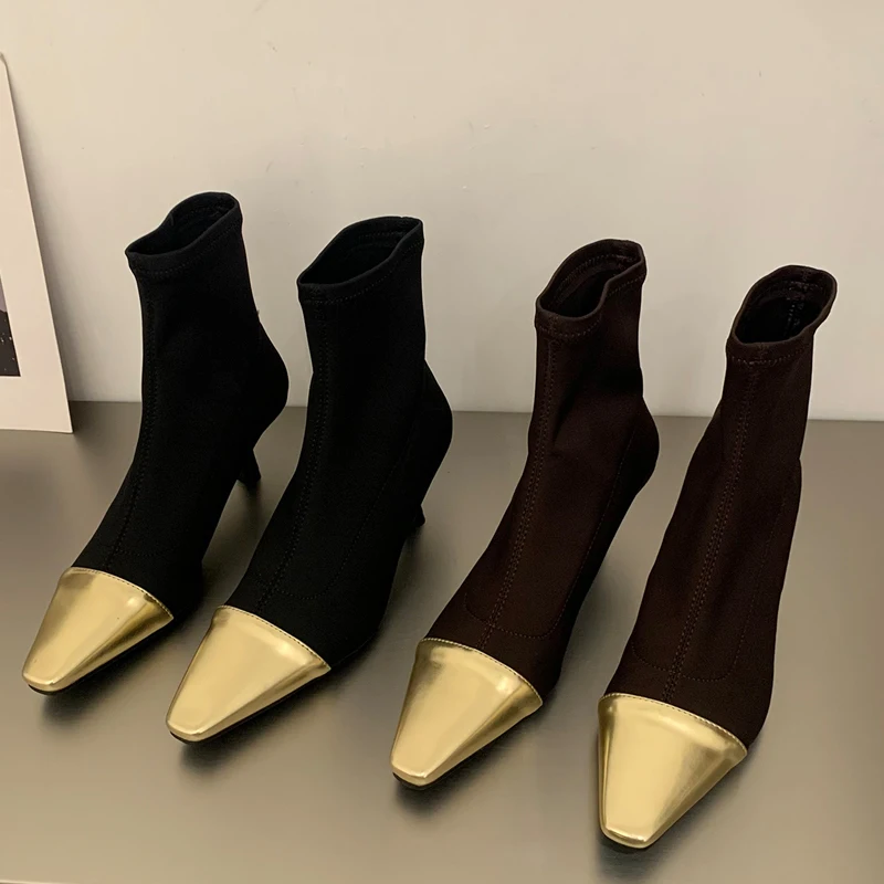 

Elegant Almond Toe Ankle Boots Woman Fashion High Heel Mix Color Elastic Booties Ladies Autumn Party Evening Stiletto Pump Shoes