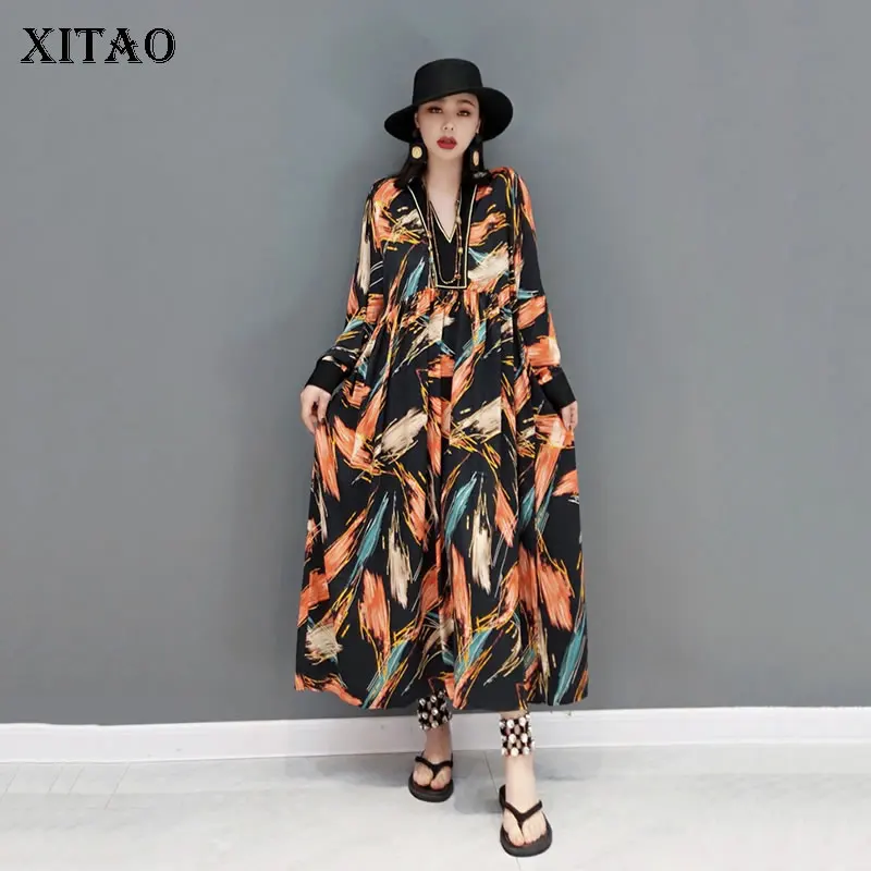 

XITAO, винтажное весеннее платье, свободное, модное, темпераментное, с v-образным вырезом, с воротником, свободный, большой размер, пуловер для ж...