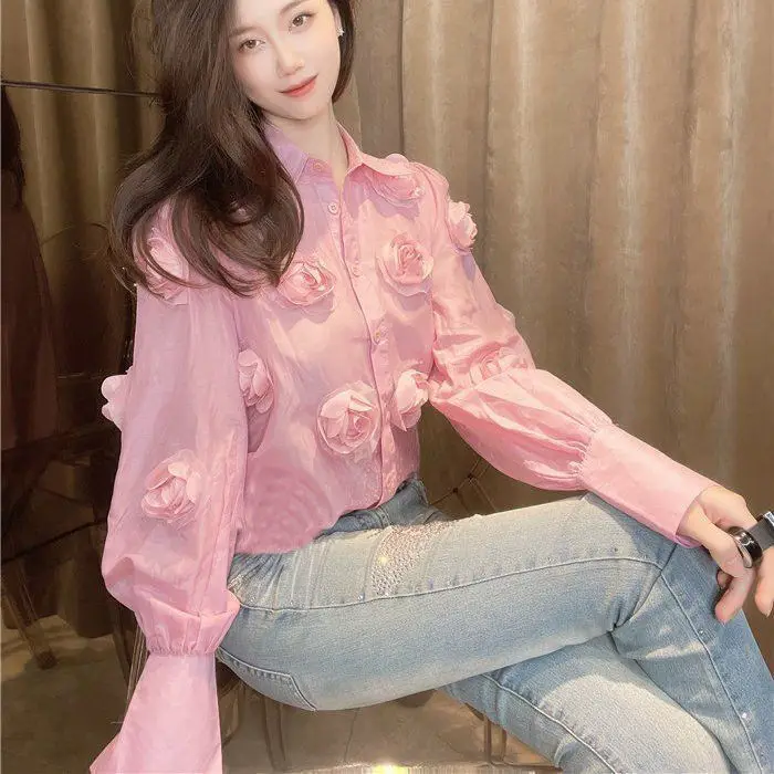

2022 Spring Autumn Women's New Loose Long Sleeve Shirts Female 3D Flower Solid Shirts Ladies Single Breasted Casual Shirts F234