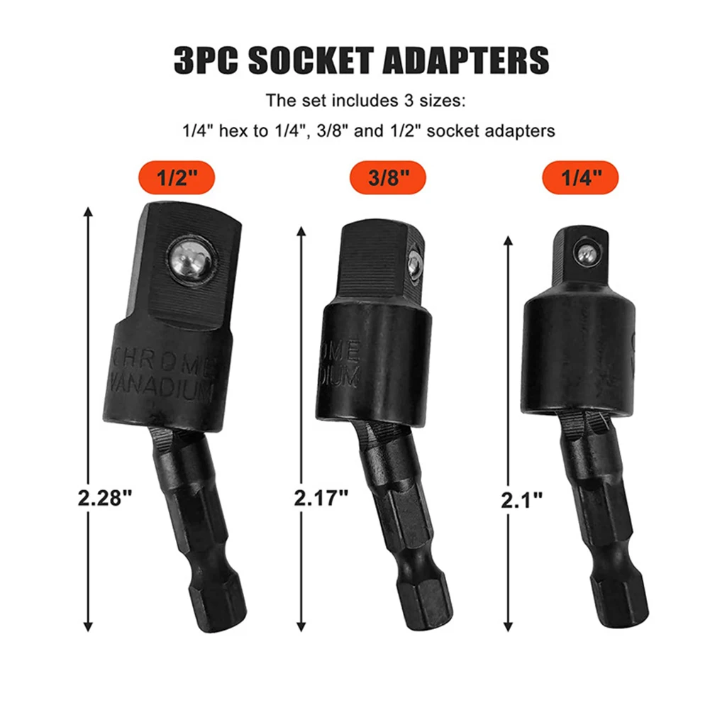 

3pcs Electric Drill Socket Adapter 1/4" 3/8" 1/2" 360 Degree For Impact Driver To Square Socket Drill Bits Extension Power Tool