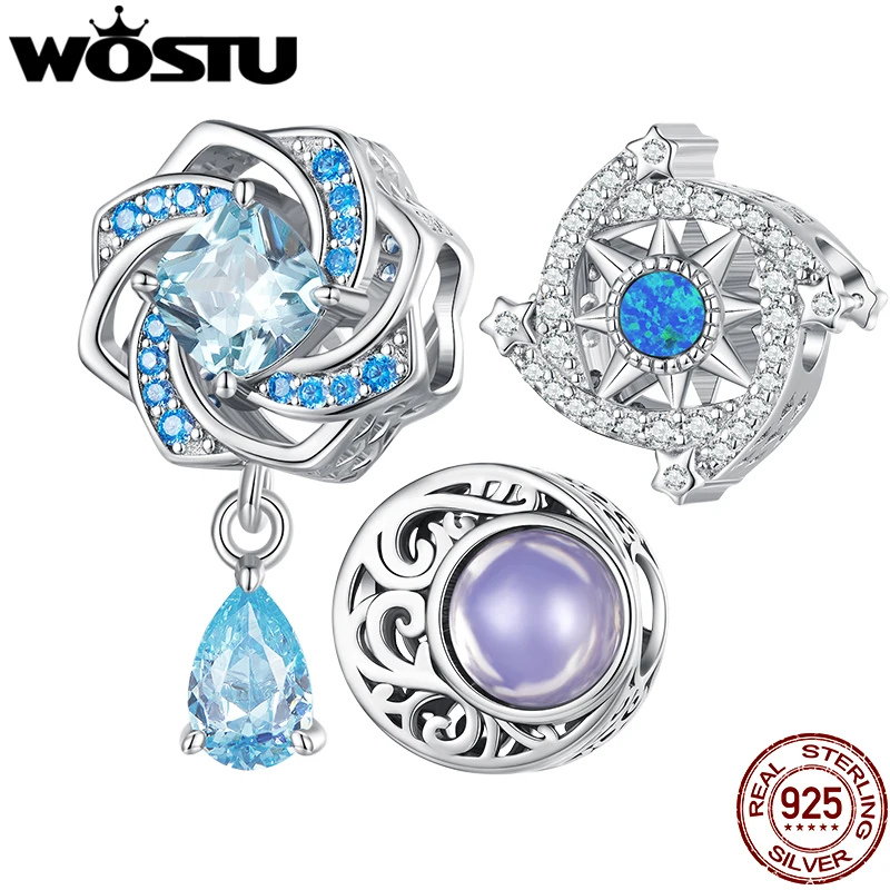 

WOSTU 925 Sterling Silver Luxury Blue Crystal Windmill Charm Rainbow Moonstone Opal Bead Fit Original Bracelet DIY Necklace Gift