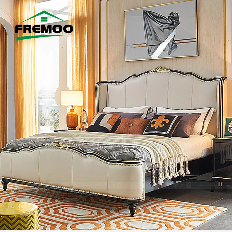 

1.8m Leather Double Bed American Light Luxury Solid Wood Bed Modern Minimalist Bedroom Wedding Bed With Storage Space