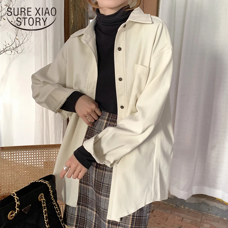 

Solid Turn Down Collar Vintage Women Blouse and Tops New Cotton Shirts for Women Long Sleeve Female Shirts Blusa 12812