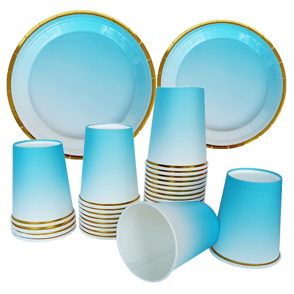 

1 Set Blue Gradient Tableware Disposable Round Flat Paper Cup Paper Towel Party Supplies Birthday Wedding Party Decoration