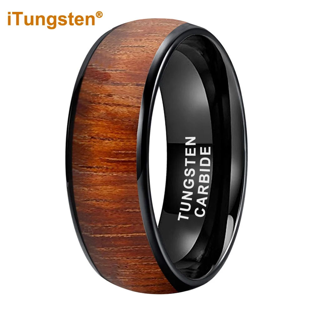 

iTungsten 4mm 6mm 8mm Black Tungsten Ring for Men Women Wedding Band Engagement Ring Fashion Jewelry Wood Inlay Comfort Fit