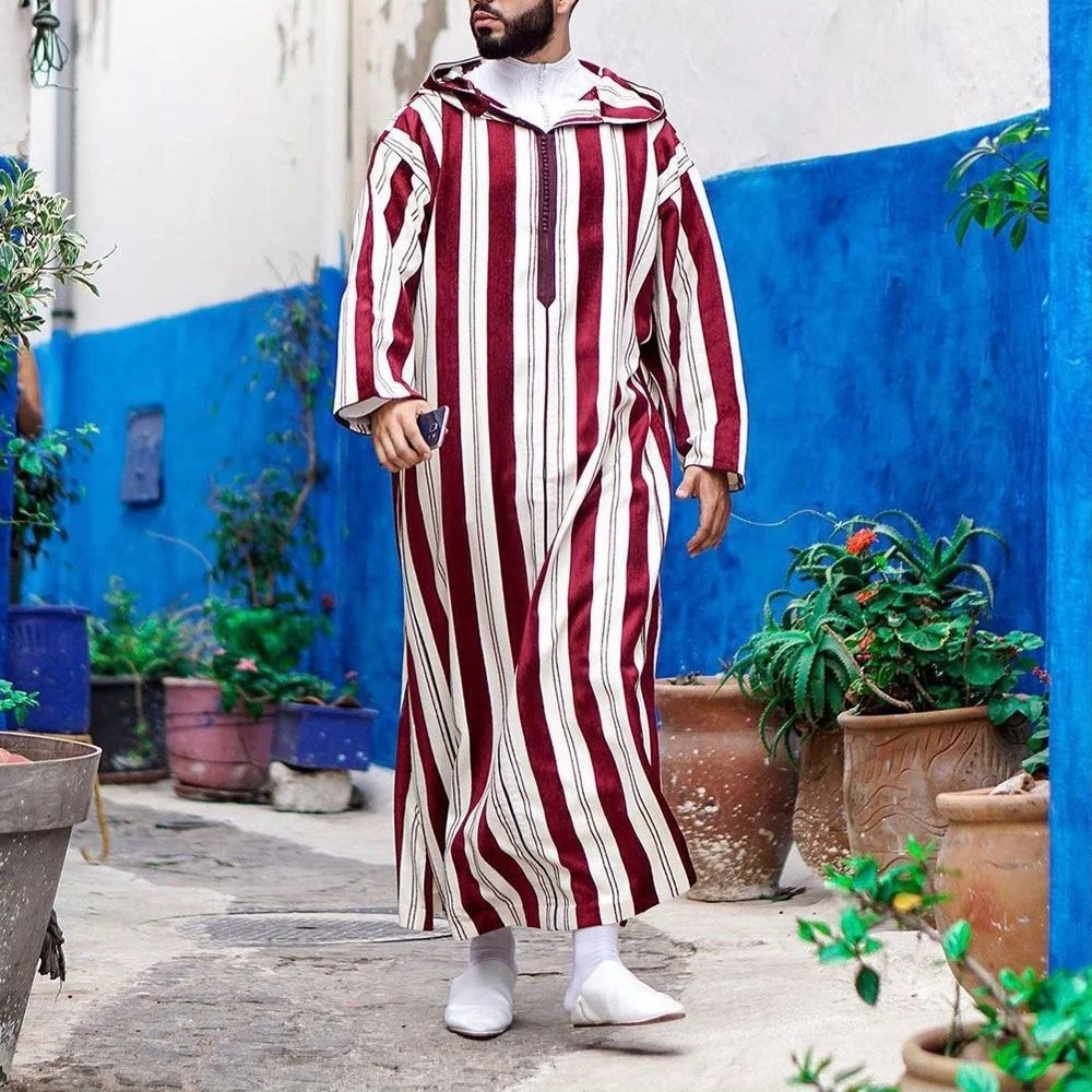 

National Style Men's Clothing 2022 Autumn New Color Matching Striped Long Muslim Robe Hoodie Vintage Patchwork Arabic Clothes