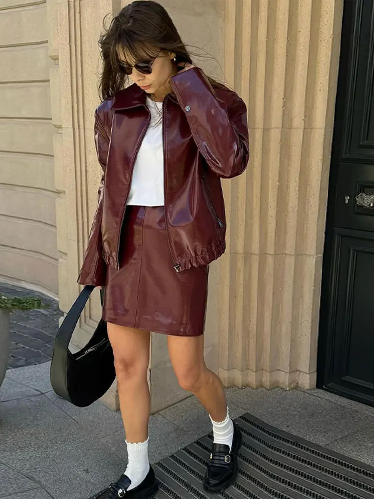 Vintage Solid Zipper Pu Leather Jacket Wine High Waist Mini Skirt 2 Piece Set New Female Autumn Streetwears