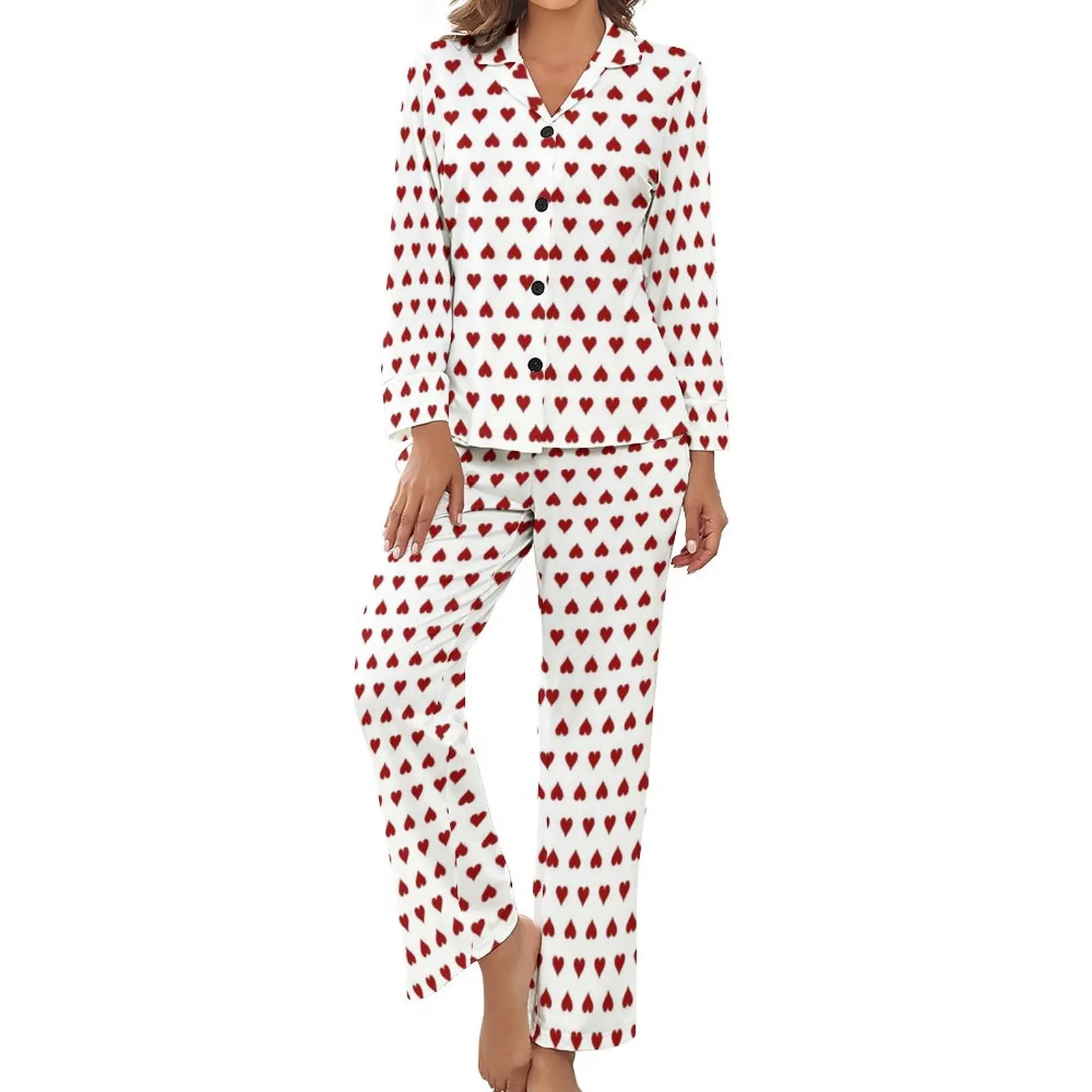 

Red Poker Hearts Pajamas Playing Cards Print Long Sleeve Cute Home Suit 2 Pieces Night Spring Print Sleepwear Gift