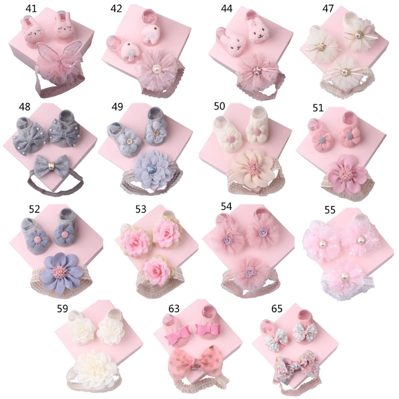 

0-12M Baby Socks & Bow Headband Elastic Lace Bow Headwear Infant Elastic Floor Socks Skin Friendly Newborn Accessories