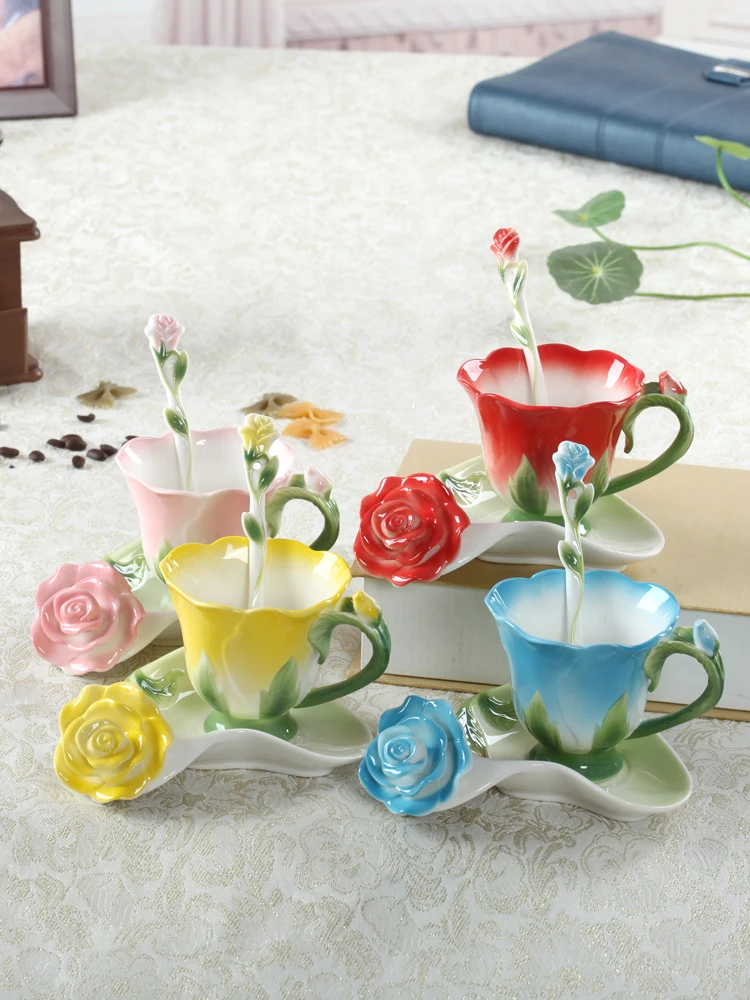 

Enamel ceramic coffee cup dish Spoon Set European Bone China wedding birthday gift girl heart cup lovely powder mugs coffee cups
