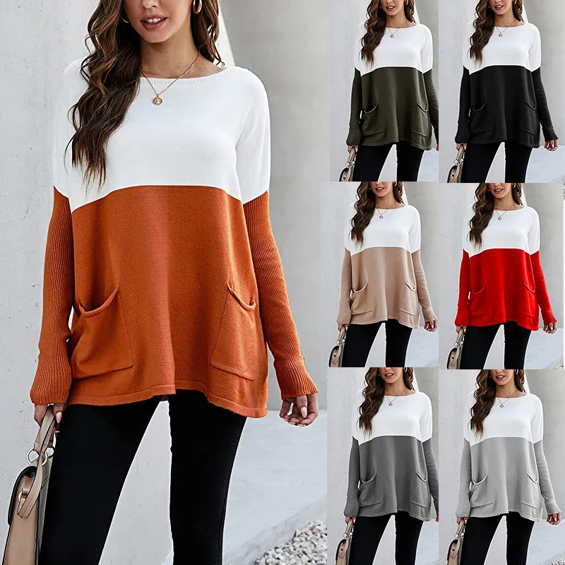 

2022 autumn and winter new loose knitted long-sleeved sweater color-blocking pocket pullover top