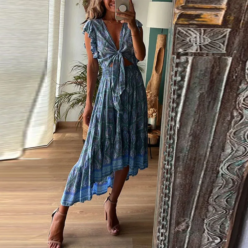

Female Casual Pattern Print Long Dress Summer V Neck Flying Sleeves Lace-up Party Dress Fashion Holiday Hollow Out Pleated Dress