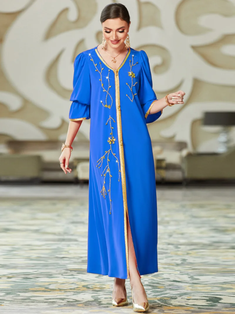 Eid Party Dress Women Abaya 2023 Ramadan Moroccan Kaftan Dubai Luxurious Beads Dresses Elegant Long Sleeve Islam Turkey Abayas