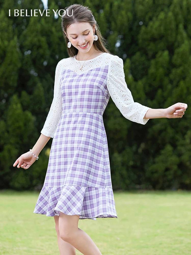

I BELIEVE YOU Plaid Dresses for Women Autumn Oneck Long Sleeves Patchwork Hollow Out Dress French Mid-Calf Vestidos 2211093611