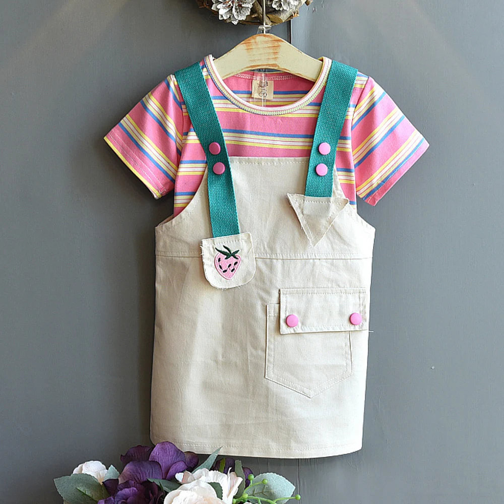 

VigoAnne Summer Girls 2022 Striped Print Short Sleeve Top + Korean Solid Strap Skirt 2PCS Children's Casual Clothes 3-8 Years