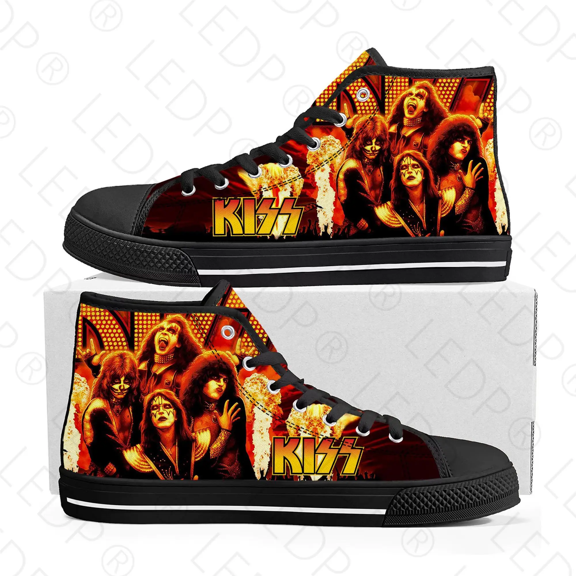 

Высокие кроссовки Kiss рок-группы из тяжелого металла, мужские и женские подростковые холщовые кроссовки, повседневная обувь для пар, обувь на заказ