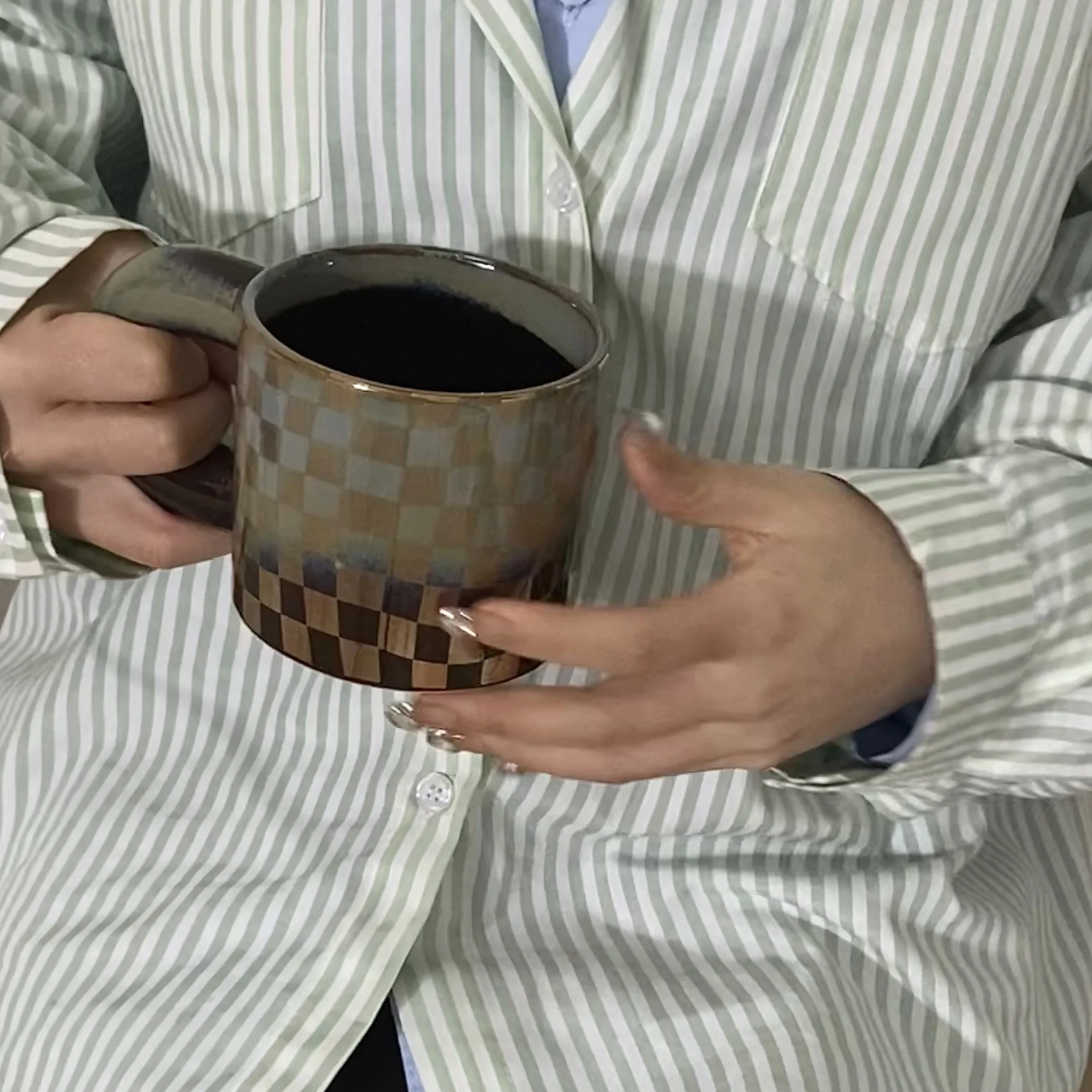 

Nordic Ins Style Mug Fat Single Cup Checkerboard Lattice Kiln Glaze Lattice Mug Fat Couple Coffee Cup Coffee Mug