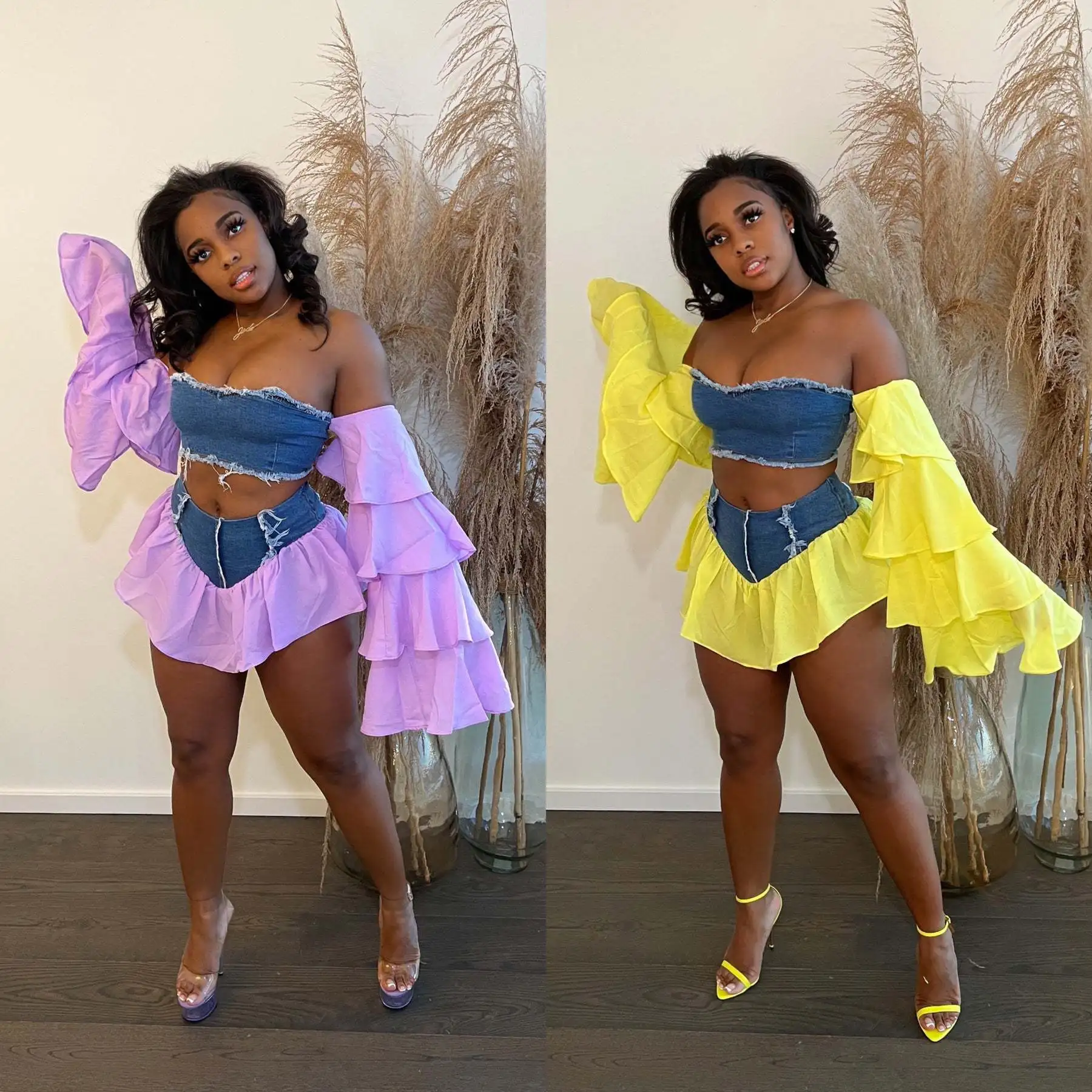 Модный новый дизайн соблазнительный укороченный топ-лодочка с оборками на