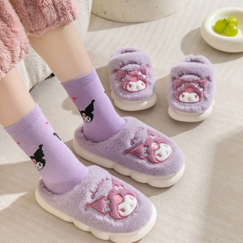 

Kawaii Sanrio My Melody детские плюшевые тапочки зимние Мультяшные Kuromi Cinnamoroll теплая обувь для мамы дома толстая подошва новые подарки
