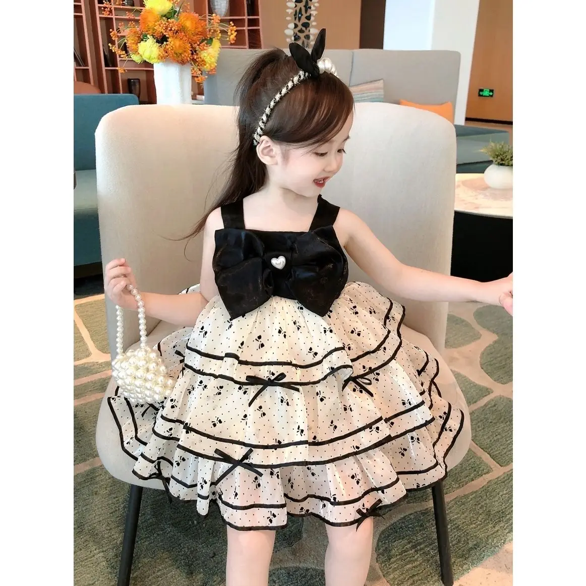 

Summer Suspenders skirt Bow Baby Girl Clothes Festive Children Dresses Toddler Spanish Style Sundress Lolita Layered Ball Gown