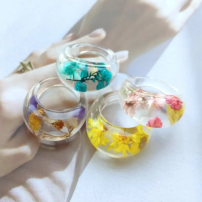 

New Colorful Flower Transparent Resin Acrylic Geometric Square Round Rings for Women Girls Fashion Party Jewelry 2022 Trend