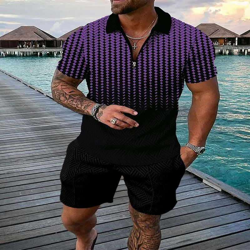 New Men's Suit 3D Print Summer Short Sleeve Tops And Shorts  Fashion Zipper Polo Shirt Two Piece Set