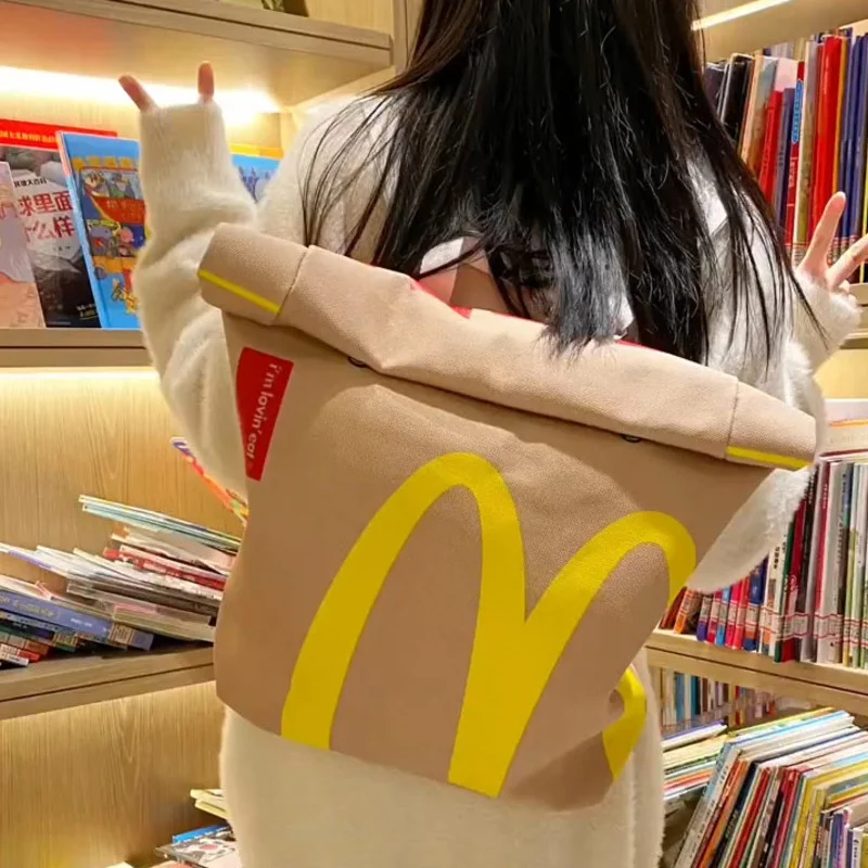Funny Cute Cartoon French Fries Packaging Bags Student Woman Schoolbag Canvas Backpack Large Capacity Messenger Bag HandBags