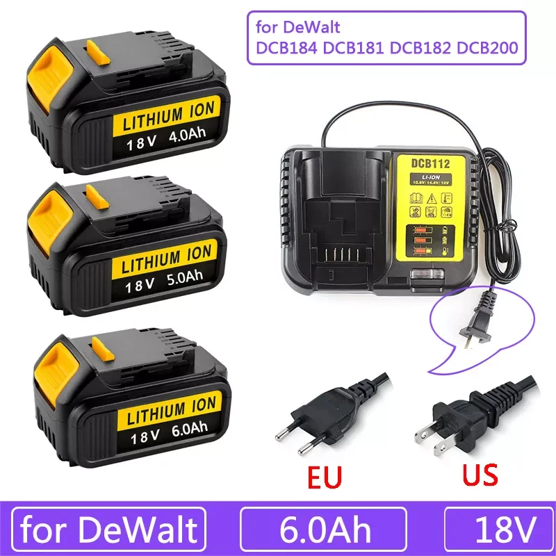 

NEW2023 DeWalt 18V 6Ah MAX XR 18650 Battery Power Tool Replacement for DeWalt DCB184 DCB181 DCB182 DCB200 20V 6A Battery With Ch