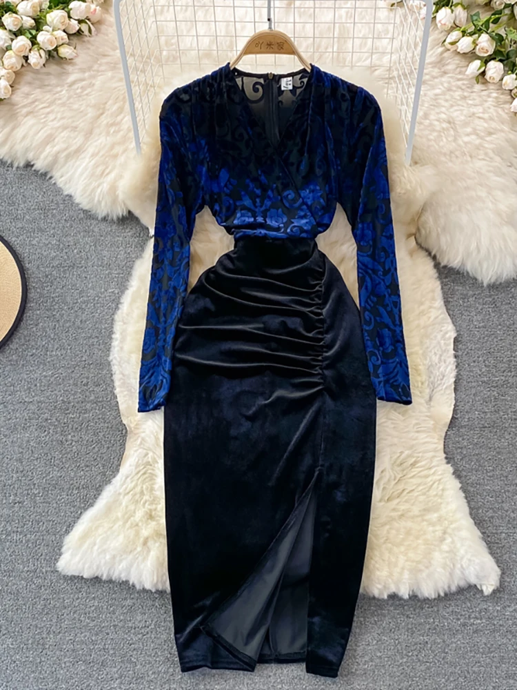 

Autumn WInter Floral Patchwork Velvet Party Bodycon Dress Sexy Red/Black/Blue Vestidos Female Elegant Long Sleeve Draped Robe