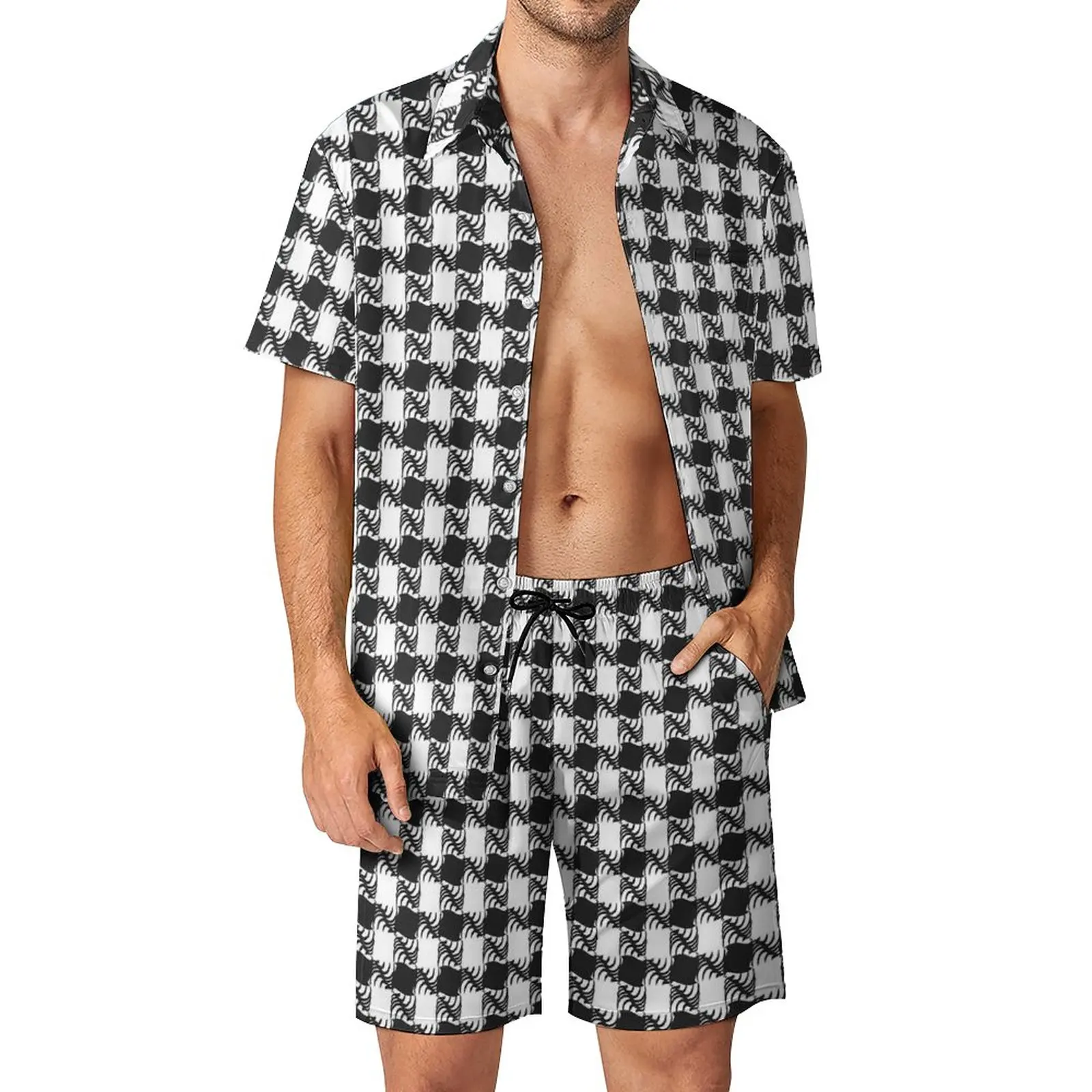 

Abstract Houndstooth Men Sets Black White Plaid Casual Shorts Beach Shirt Set Summer Fashion Suit Short Sleeve Plus Size