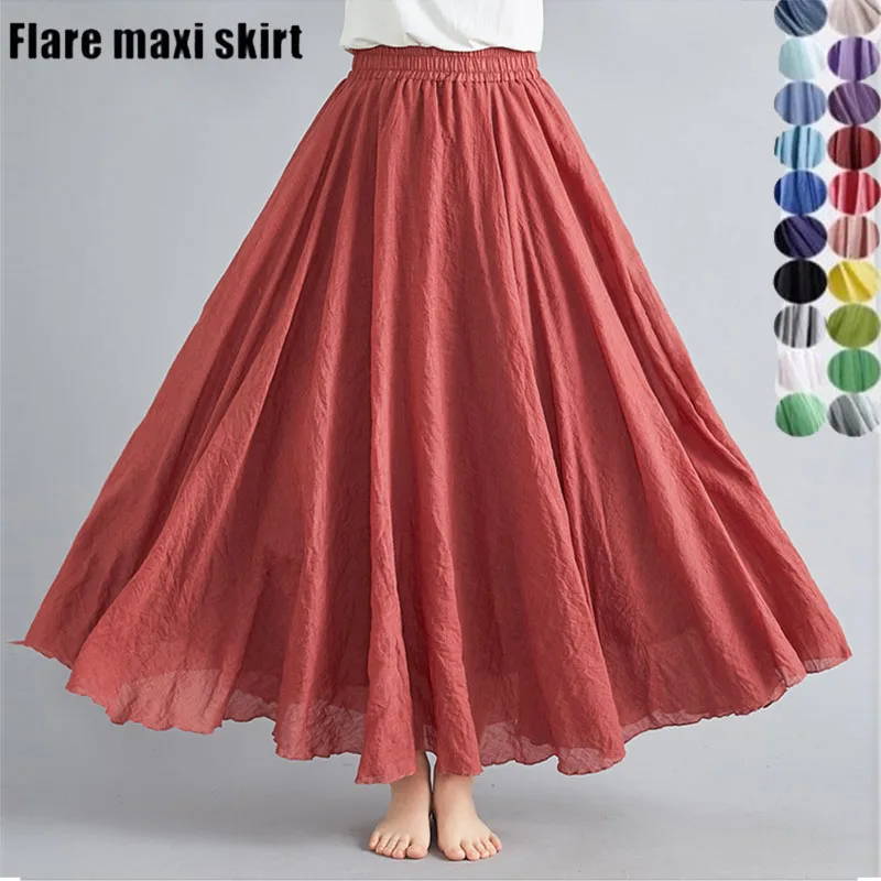 

Newest Elegant Flare Maxi Skirt Women High Waist Cotton Linen Long Skirt Fashion Summer Multicolor Ladies Casual 2 Layers Skirts