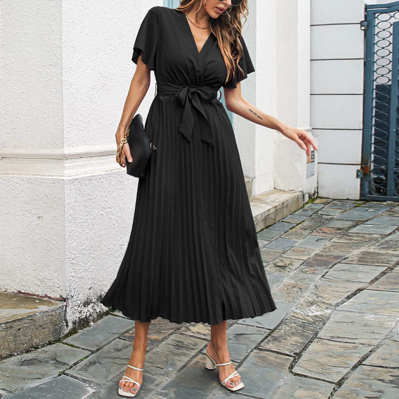 Women's Summer Pleated Maxi Dress Wrap V Neck Ruffle Cap Sleeves Long Flowy  Chiffon Dress With Belt Rose Gown for Women - купить по выгодной цене |  AliExpress