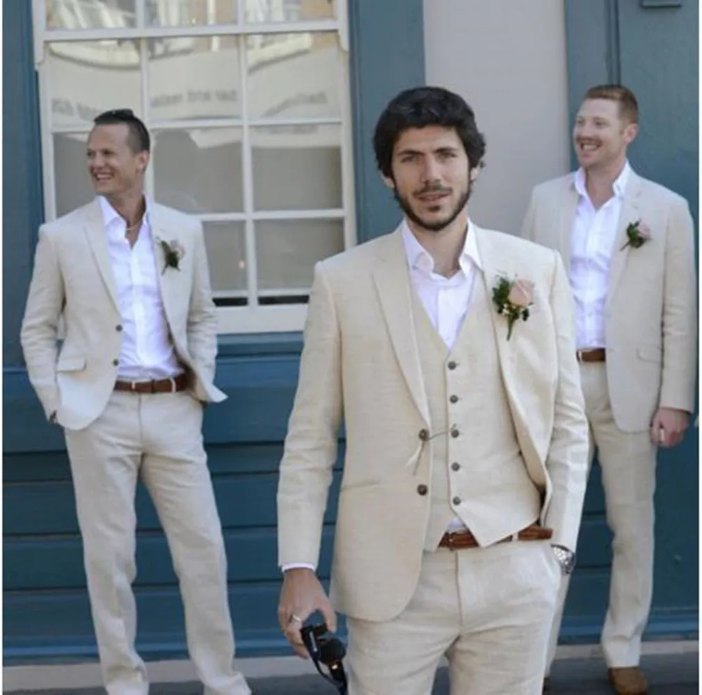 

Lastest Beige Male Suit 2022 Men Linen 3 Pieces Wedding Suits Blazer Vest Pants Bestman Groomsmen Marriage Tuxedo Costume Homme