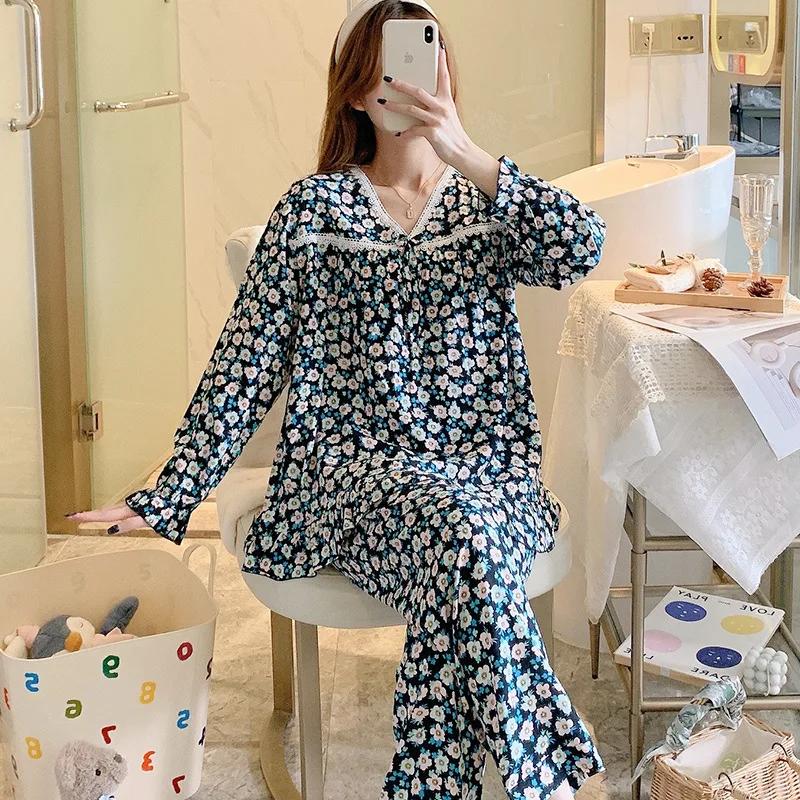Pajamas For Women Spring Autumn Small Flowers Cotton Silk  Mother Dress Silk Suit Large Size