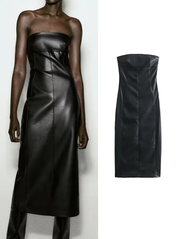 

Элегантные женские платья из искусственной кожи без бретелек TRAF, осень 2023, винтажные женские черные прямые платья, дизайнерское платье с боковой молнией