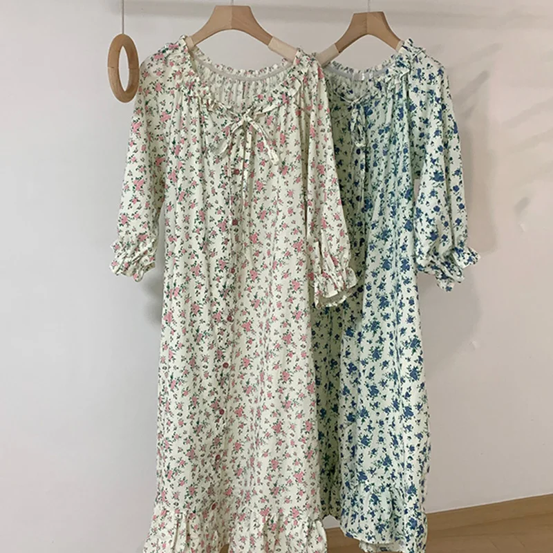 Soft Floral Home Ins Strapless Vintage Sweet Autumn Casual Elegant NightDress Women Loose Korean Long Sleeve Kawaii Printing