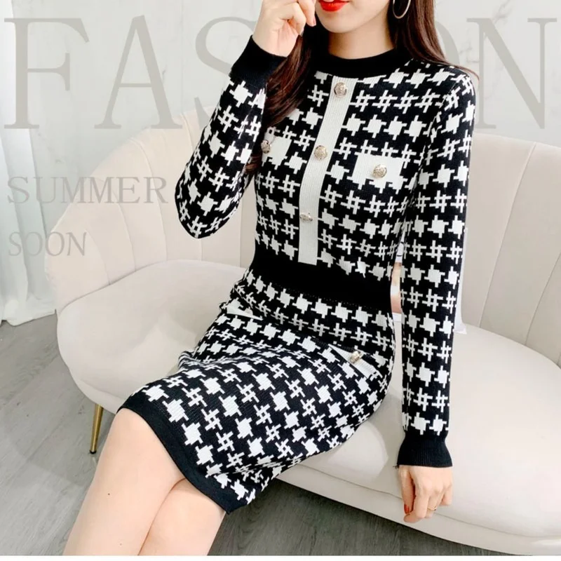 

New 2022 Elegant Lady Vintage Houndstooth Knitted Dress Fashion Buttons Checkered Mini Dresses Women Spring Autumn Clothing E393