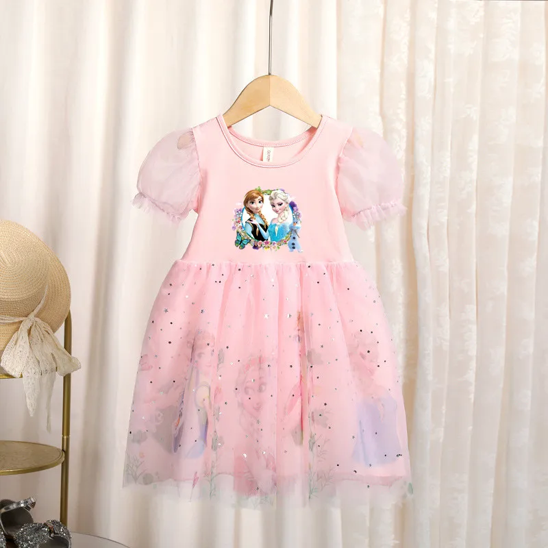 

Summer Cute Children Birthday Costume Korean Vestidos Mesh Clothes Girls Dresses Party Frozen 2 Elsa Short Sleeve Princess Dress