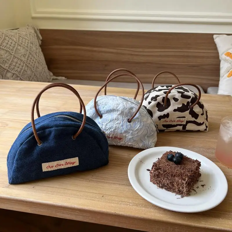 

New Cute Semi-circular Mini Bag Women Retro Small Hand Bag Canvas Zipper Storage Handbag Japan Style Female Casual Wrist Bags