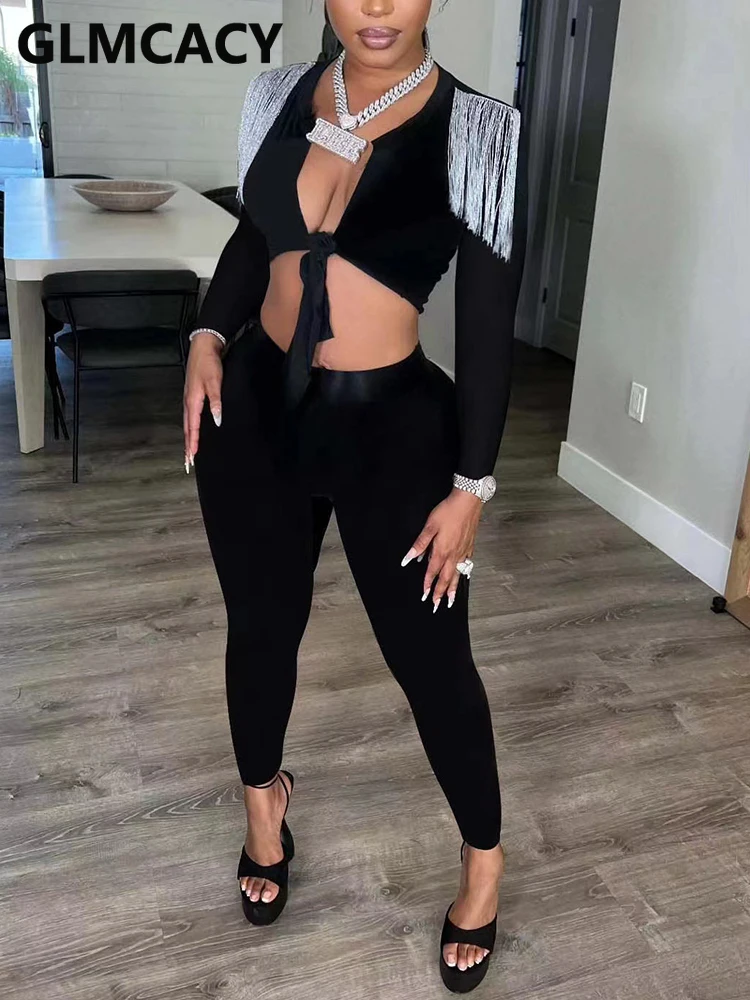 

2 Pieces Pants Sets Women Tassel Design Top Shirt & Slim Pants