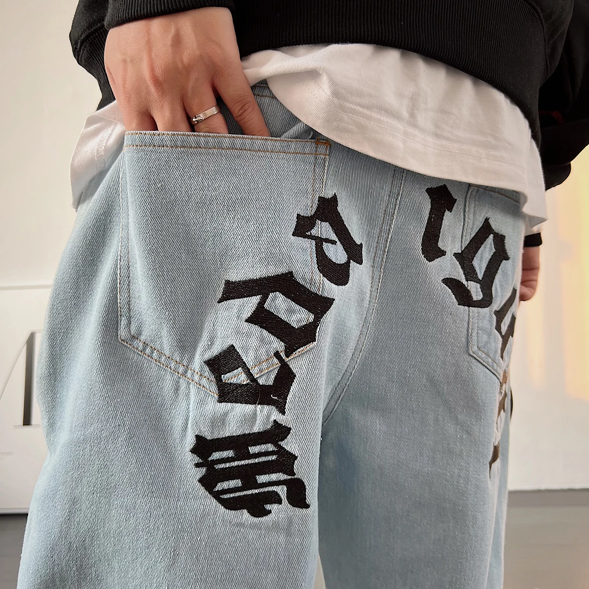 American Hip Hop Skateboards Jeans Streetwear Letter Embroidery Straight Denim Trousers Men Clothing Harajuku Casual Cargo Pants