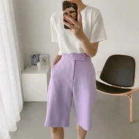 chic purple shorts with button 2021 summer women solid colors high waist wide leg shorts girl simple sweet casual commute shorts
