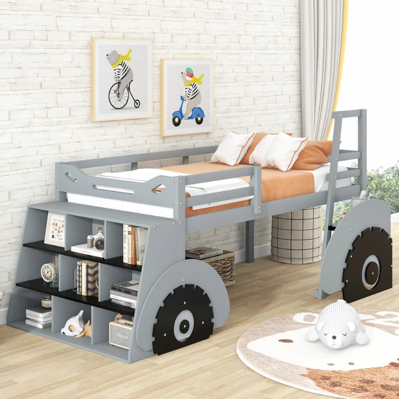 

[Flash Deal]Double Forklift Truck Shaped Elevated Bed with Storage Rack Orange Gray Easy Assembly Safety Guarantee[US Stock]