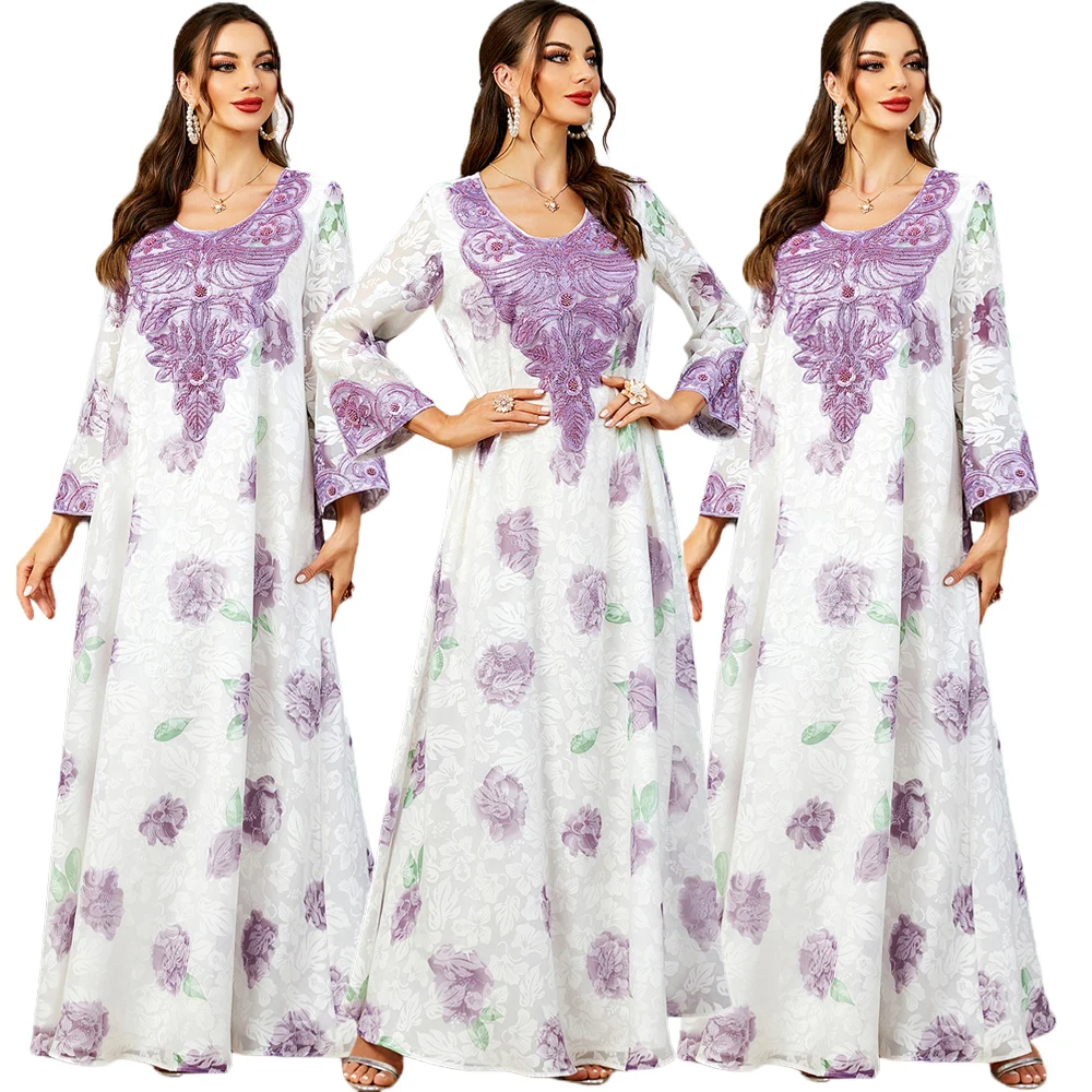 

Ramadan Eid Abayas for Muslim Women Print Vintage Long Sleeve Maxi Dresses Dubai Kaftan Islamic Party Evening Jalabiya Vestidos