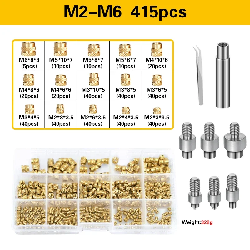 M2 M2.5 M3 M4 M5 M6 Набор нагревательных вставок Наконечник Инструмент Латунная гайка Резьбовая вставка Метрические гайки с накаткой Ассортимент Вставка для 3D-печати